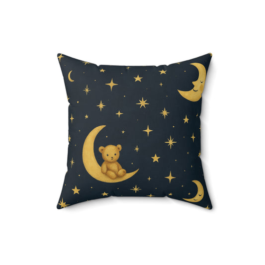 To the Moon-Teddy on Moon 2 -Faux Suede Pillow — Nursery Night Sky Decorative Throw Pillow