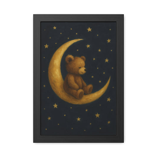 To the Moon and Back – Teddy on Crescent Moon Nursery Framed Poster | Celestial Dreams Wall Art