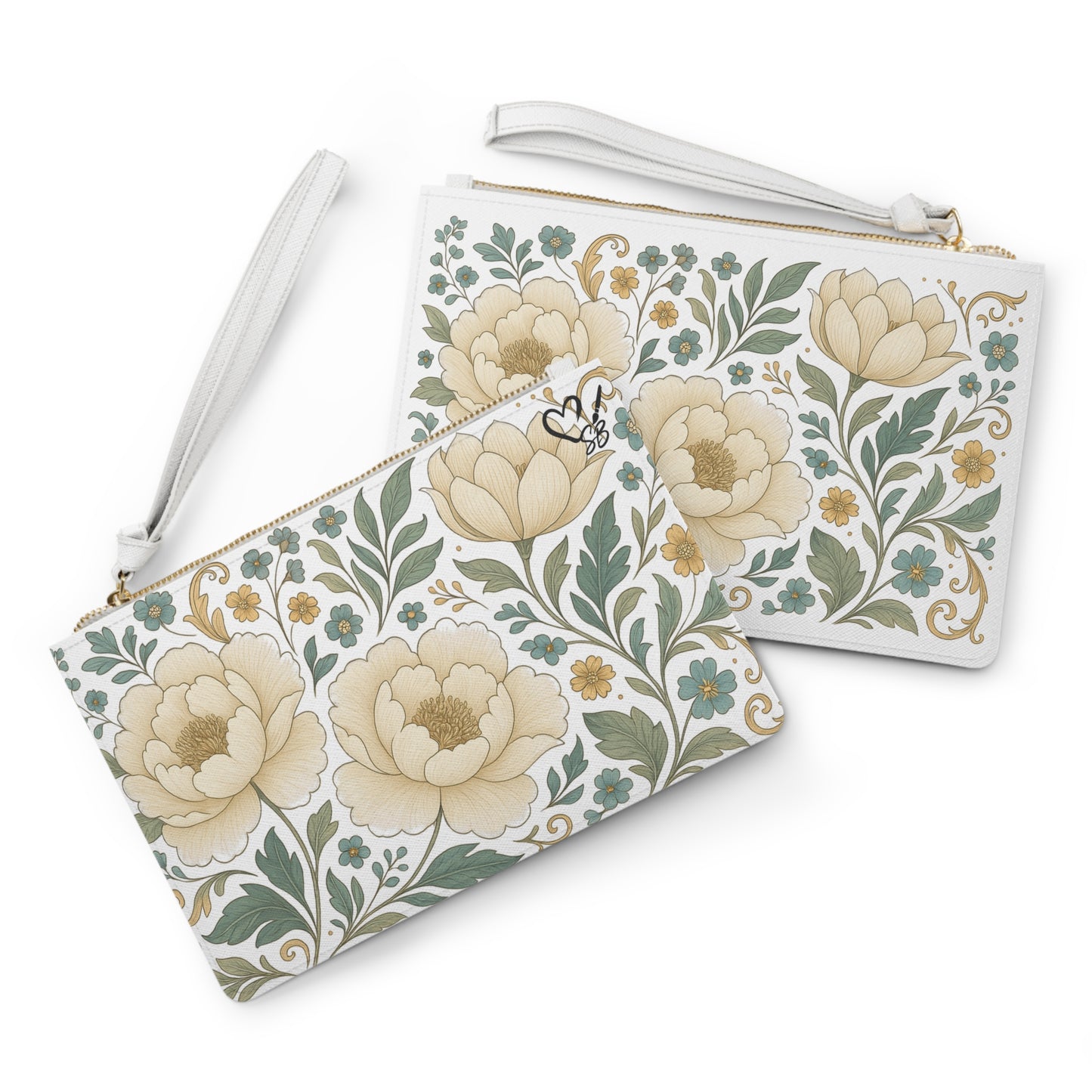 Floral Peony Clutch Bag — Vintage Cream & Sage Wristlet