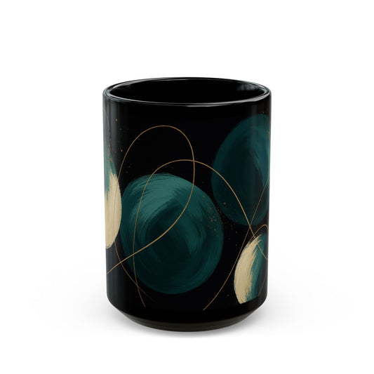 Abstract 2 -Soulful Collection-Teal Orbs Black Ceramic Mug — Modern Minimal Coffee Cup