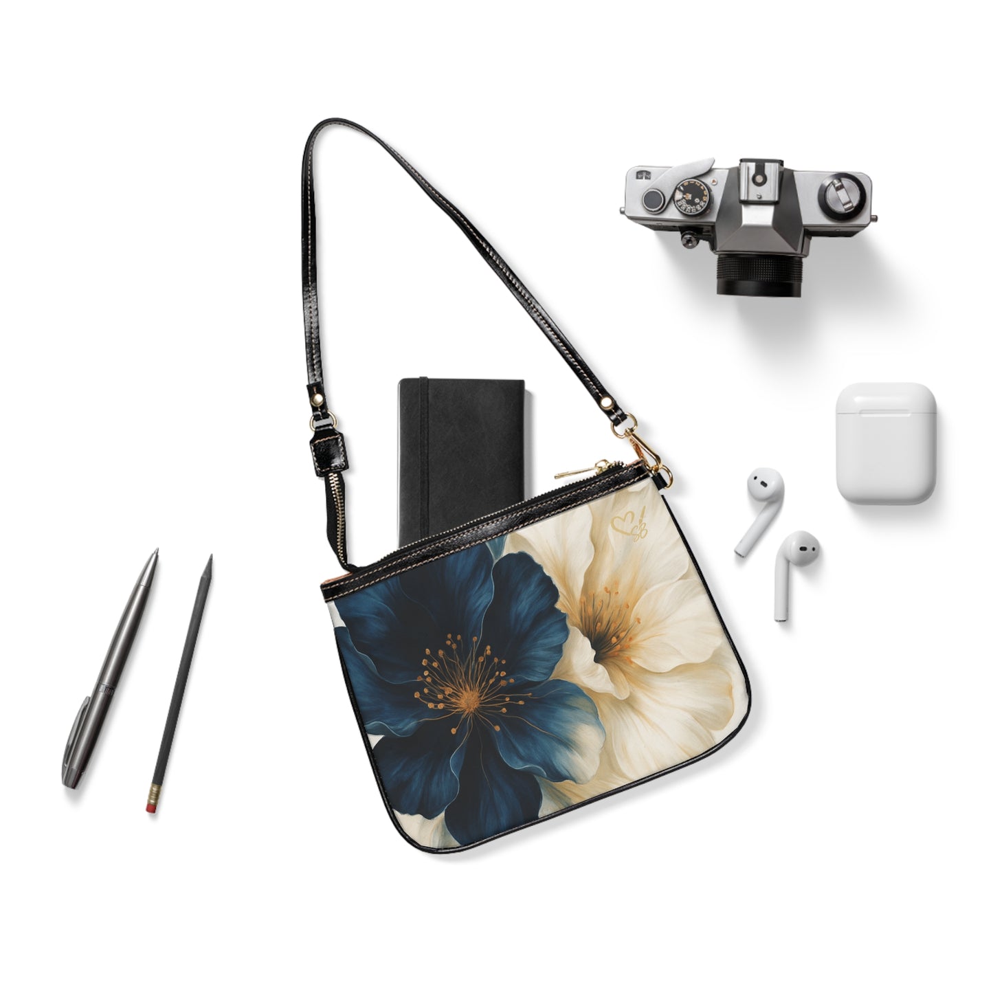 Sella- 2025 Artisian Luxe Collection-Floral Petite Shoulder Bag — Navy & Cream Blossom Crossbody