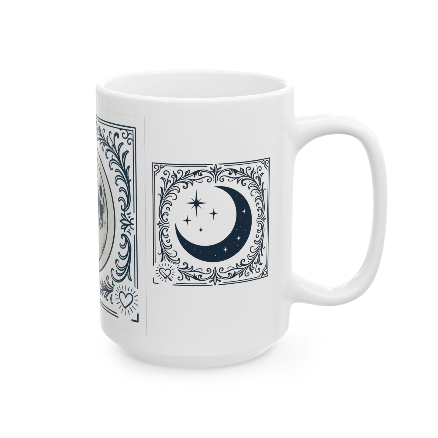 Moon Phase White Ceramic Mug — Vintage Lunar Art Coffee Cup (11oz, 15oz)