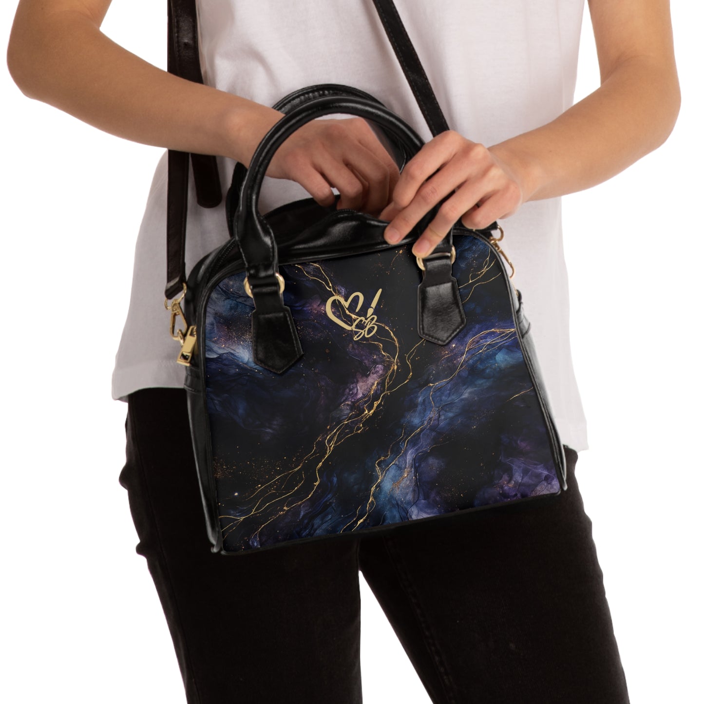 Onyx-2025 Artisan Luxe Collection- Shoulder Handbag — Black & Gold Swirl Tote with Heart Monogram