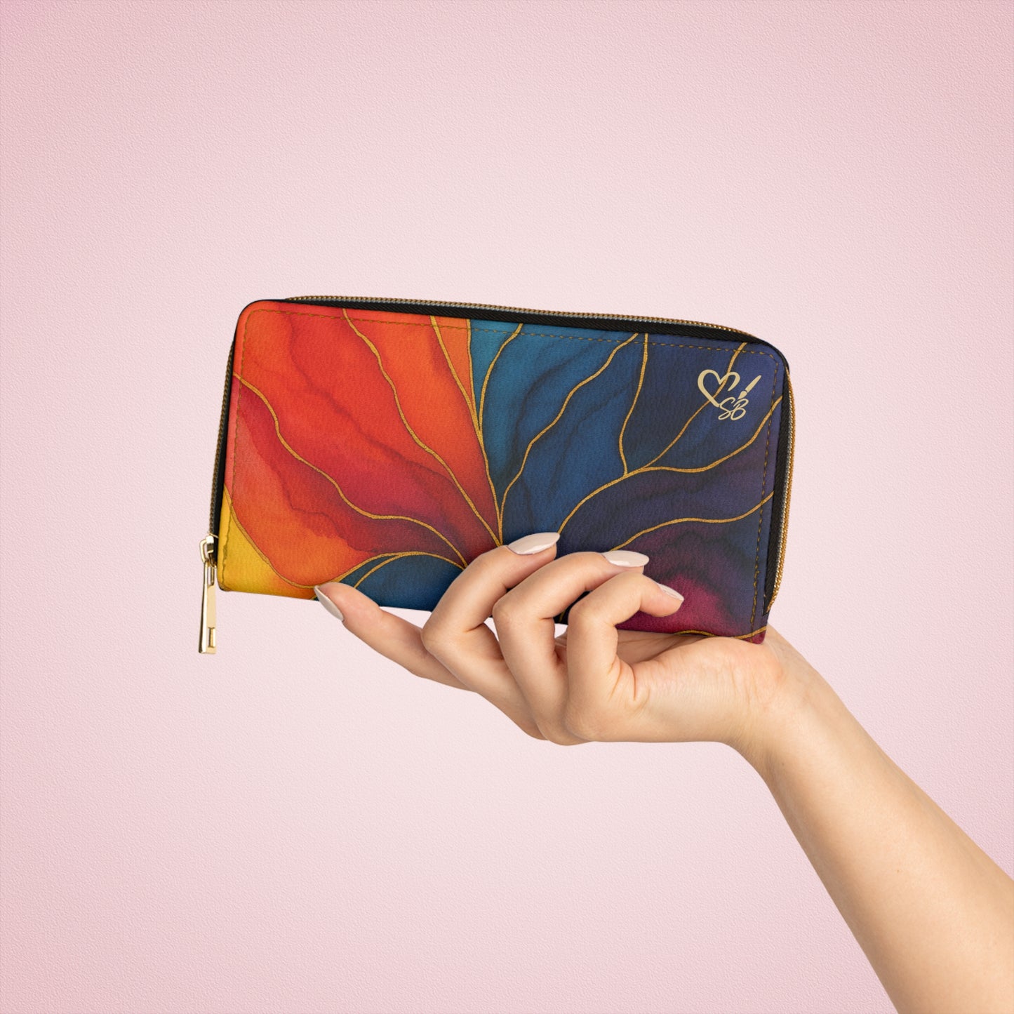 Jayla-2025 Artisan Luxe Collection- Zipper Wallet – Abstract Gold-Leaf Floral Design