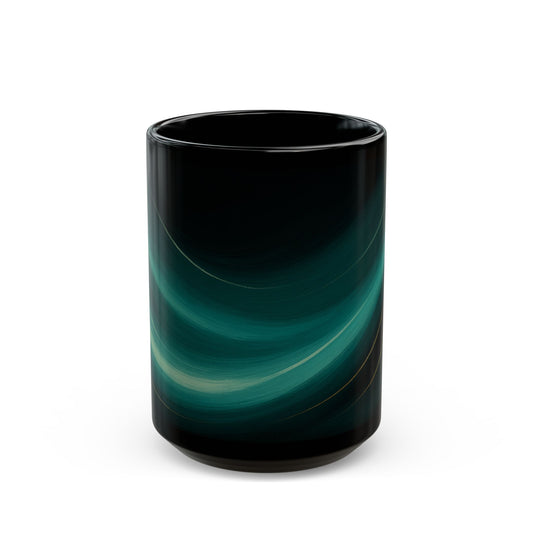 Emerald Wave 3-Soulful Collection-Black Coffee Mug — 11oz/15oz Abstract Teal Swirl Ceramic