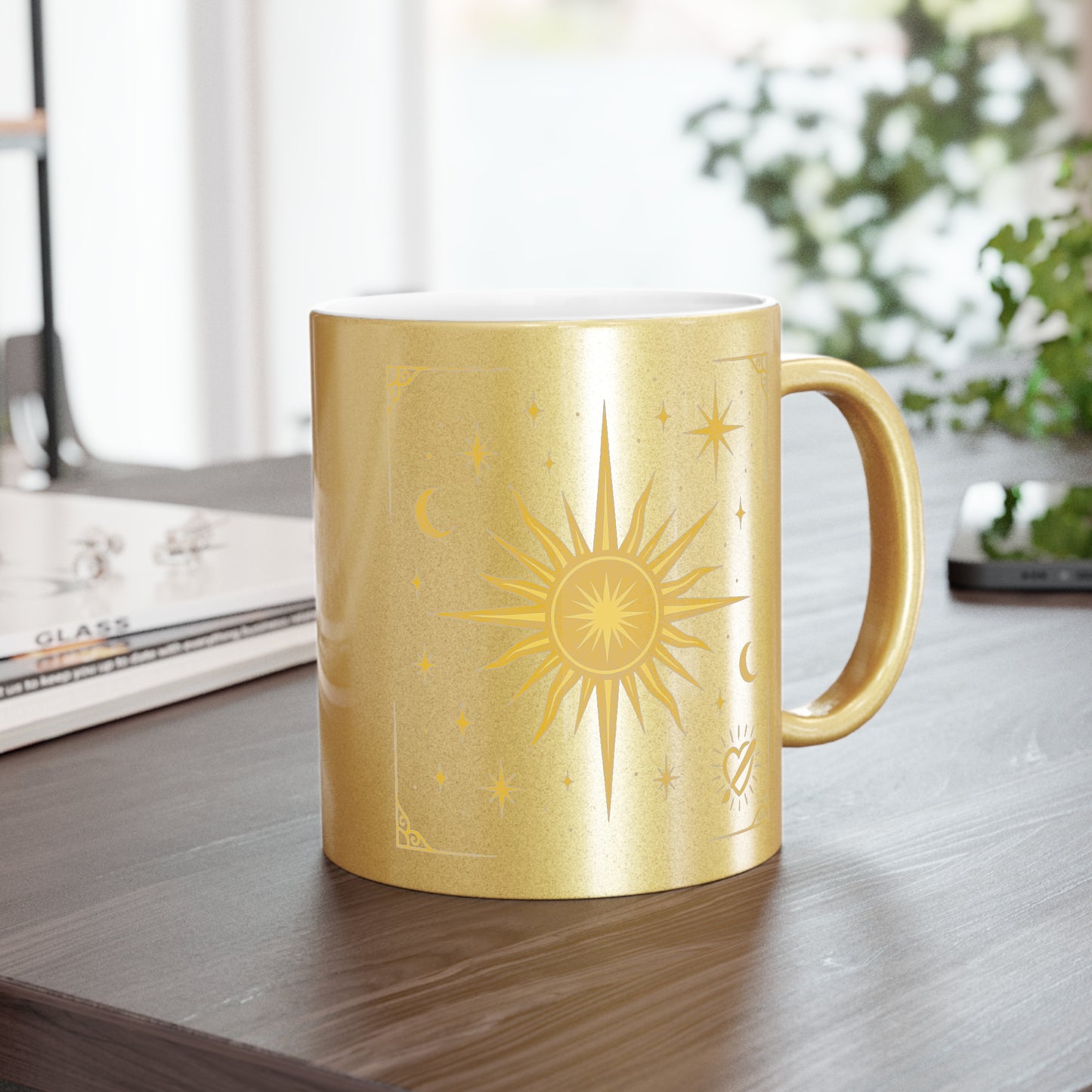 Gold Celestial Sun Metallic Mug — Silver/Gold Cosmic Coffee Cup