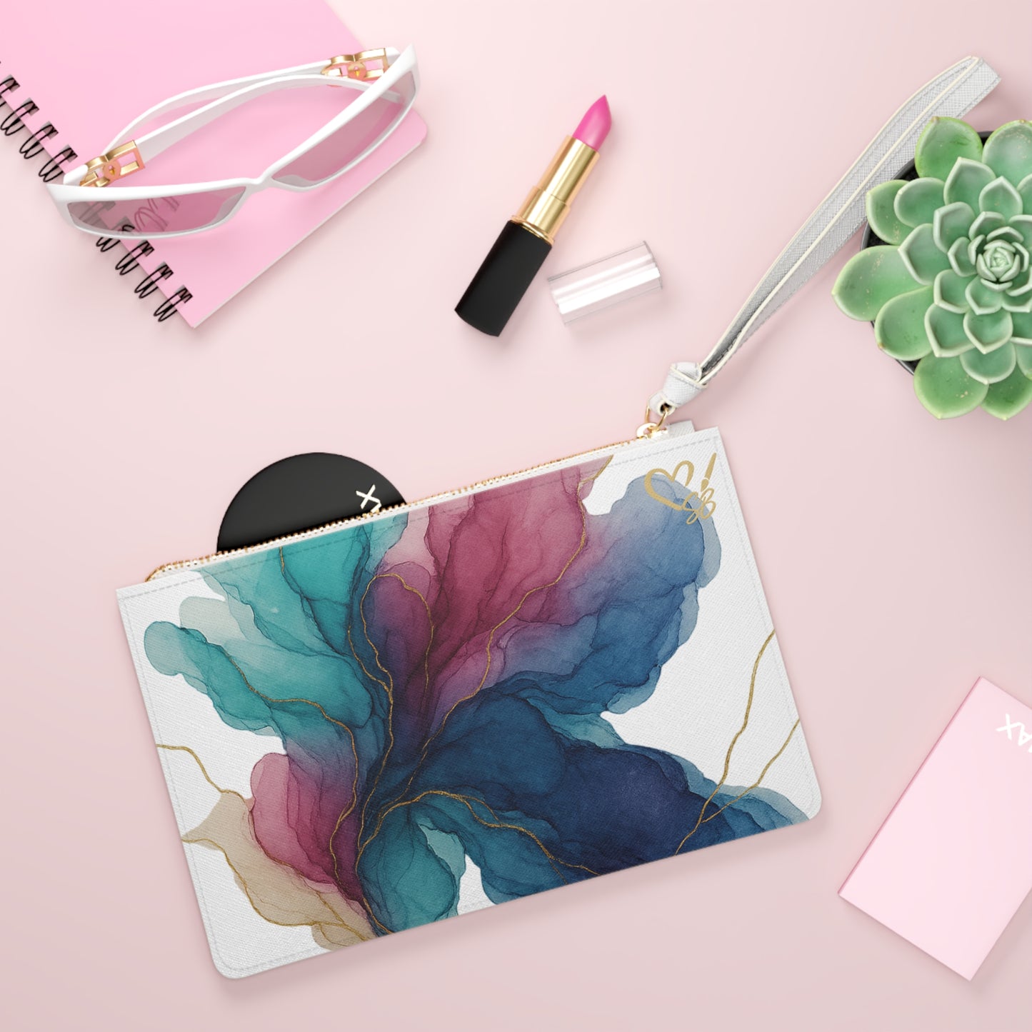 Floral Ink Clutch Bag — Abstract Teal & Magenta Watercolor Wristlet with Gold Veins