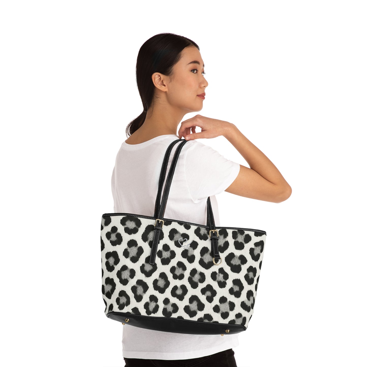 Snow Leopard Print PU Leather Shoulder Bag — Black & White Animal Print Tote