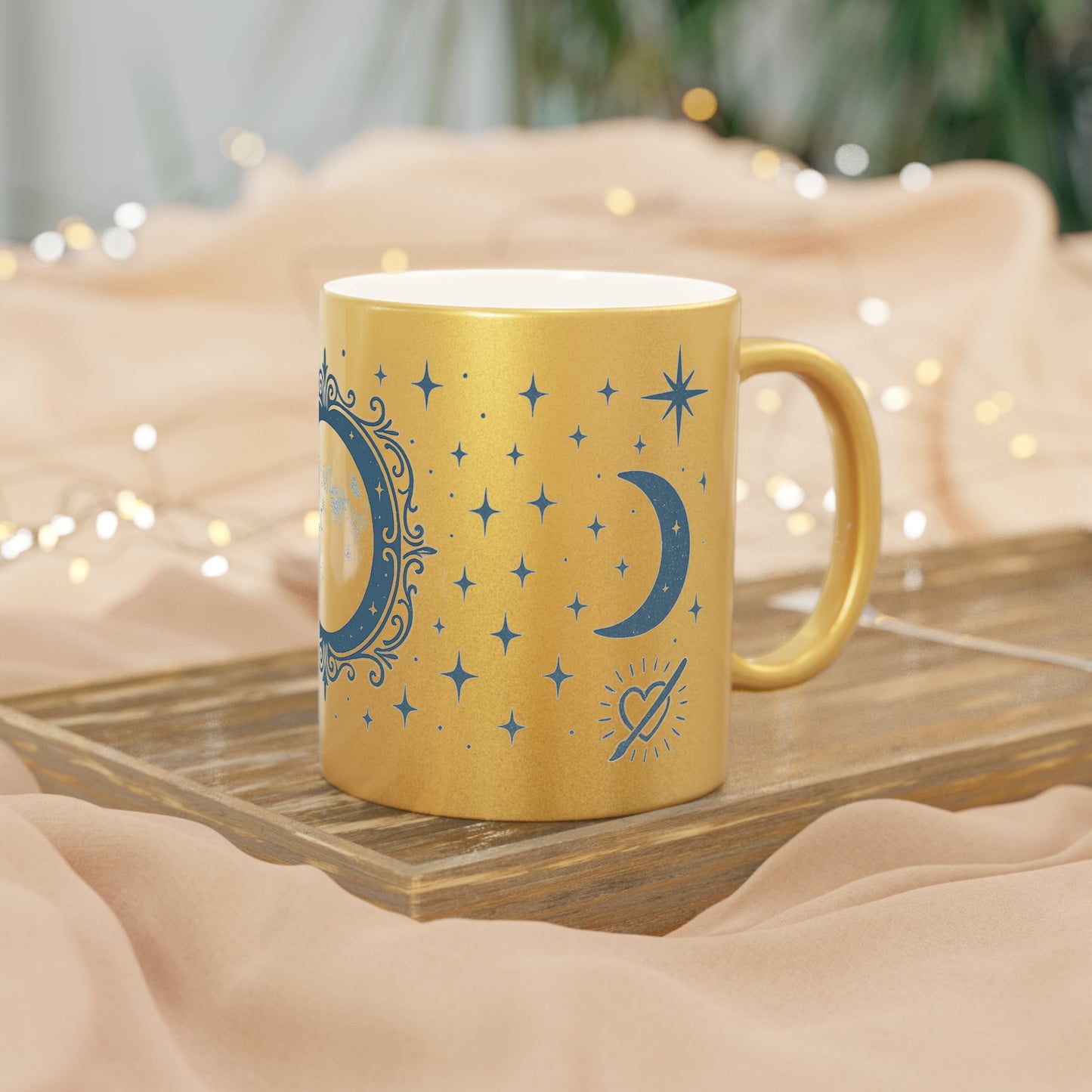 Moon Phase Metallic Mug — Silver/Gold Celestial Coffee Cup with Stars & Crescent