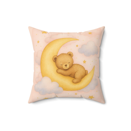 Teddy and Moon -Pink Pillow — Faux Suede Baby Decorative Pillow