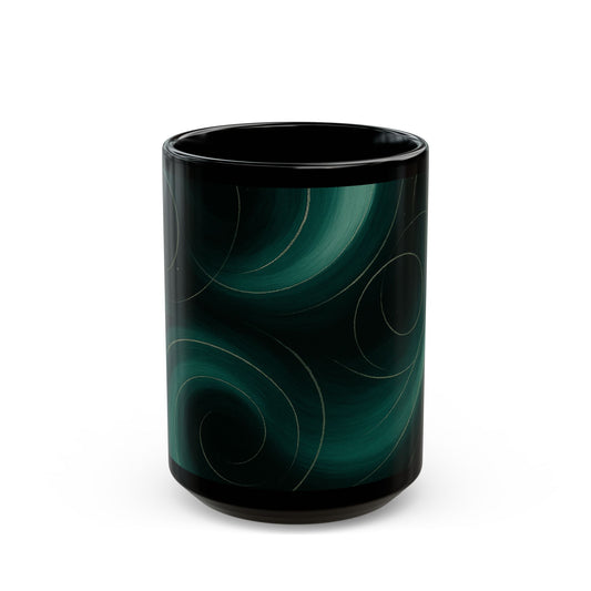 Emerald Wave 2-Soulful Collection- Black Coffee Mug — 11oz/15oz Abstract Teal Swirl Ceramic