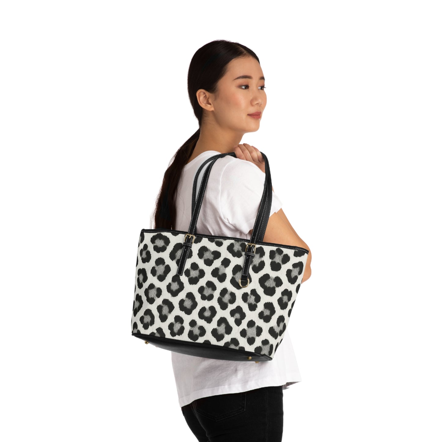 Leopard Print PU Leather Shoulder Bag — Black & White Animal Print Tote