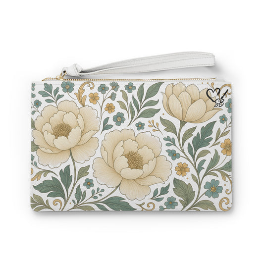 Floral Peony Clutch Bag — Vintage Cream & Sage Wristlet