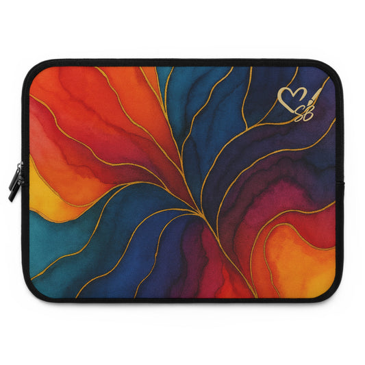 Abstract Sunset Swirl Laptop Sleeve — Colorful Watercolor Design with Gold Line Accent
