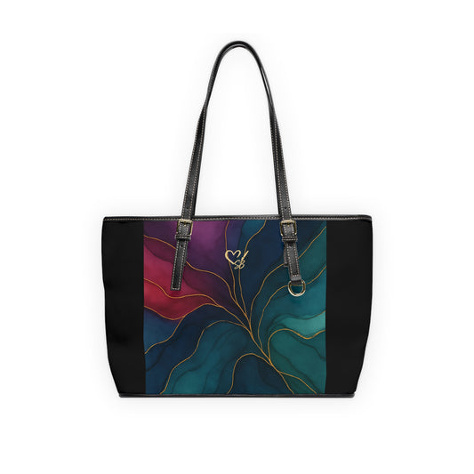 Tyler-2025 Artisan Luxe Collection-panel PU Shoulder Bag — Teal & Burgundy Tote with Gold Vein Accent