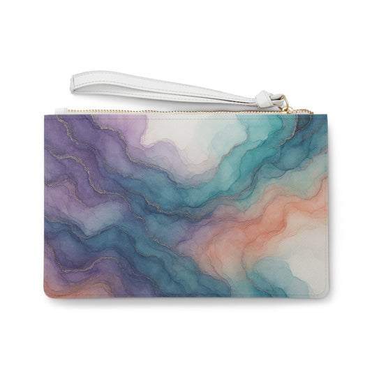 Millie -Abstract Watercolor Clutch Bag — Teal, Purple & Coral Marble Wristlet