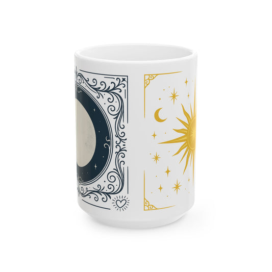 Duo Astrology Moon & Sun Ceramic Mug — Celestial Tarot-Inspired Coffee Cup (11oz/15oz)