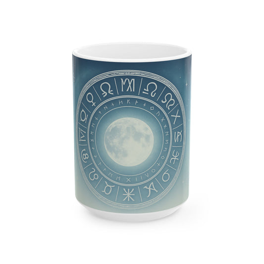 Zodiac Moon Ceramic Mug — Astrological Symbols Coffee Cup (11oz/15oz)