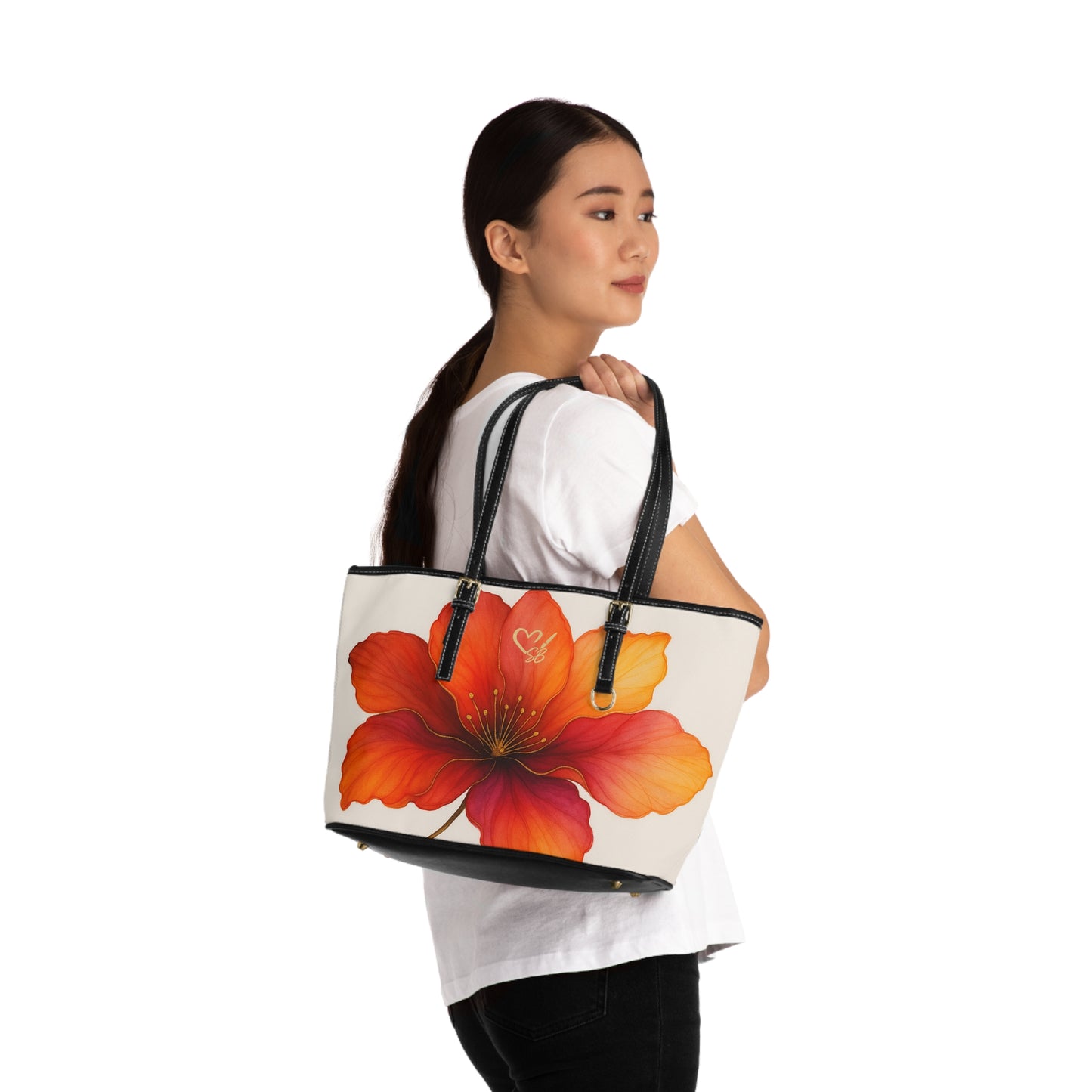 Bella Floral -2025 Artisian Collection — Red Orange Hibiscus PU Leather Shoulder Bag