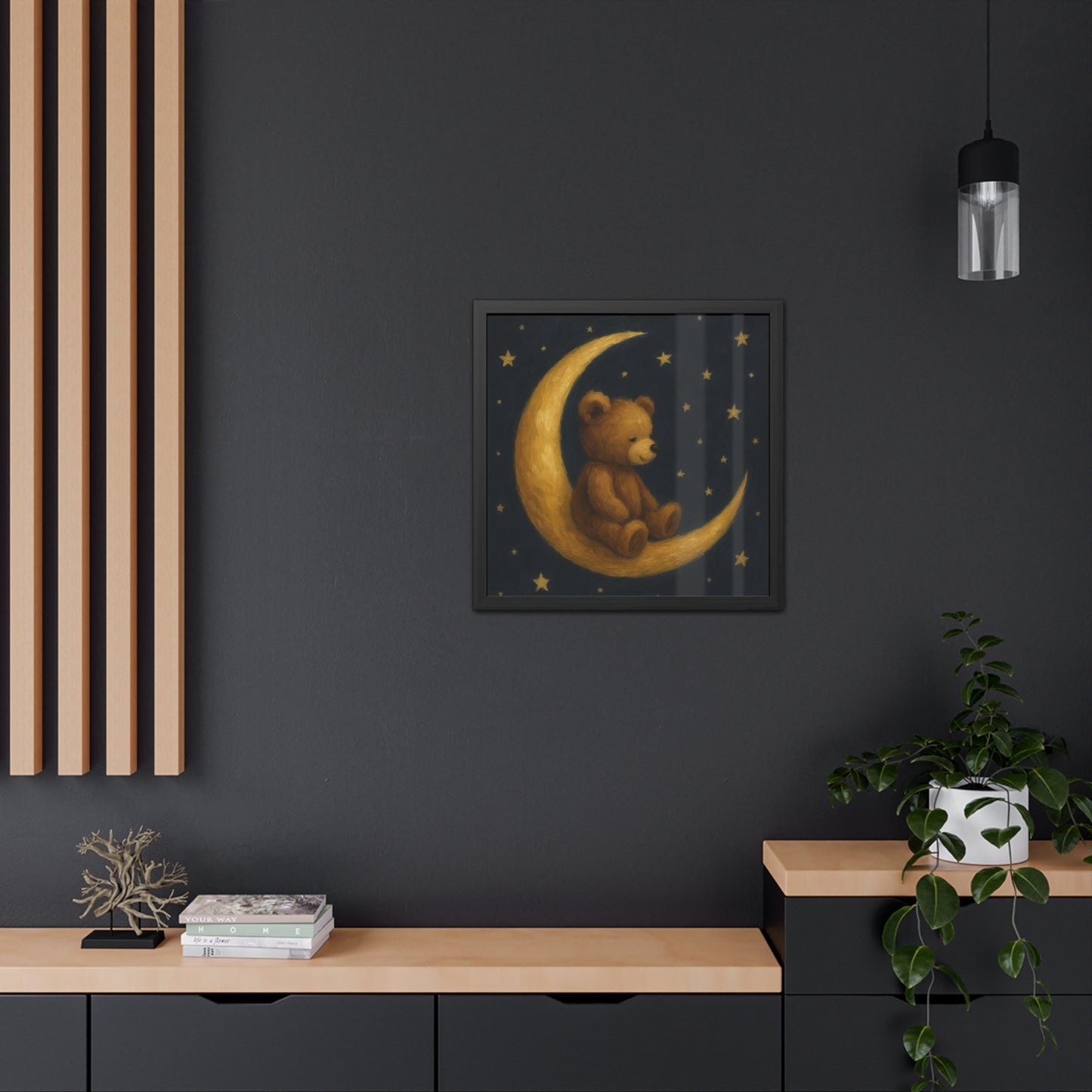 To the Moon and Back – Teddy on Crescent Moon Nursery Framed Poster | Celestial Dreams Wall Art