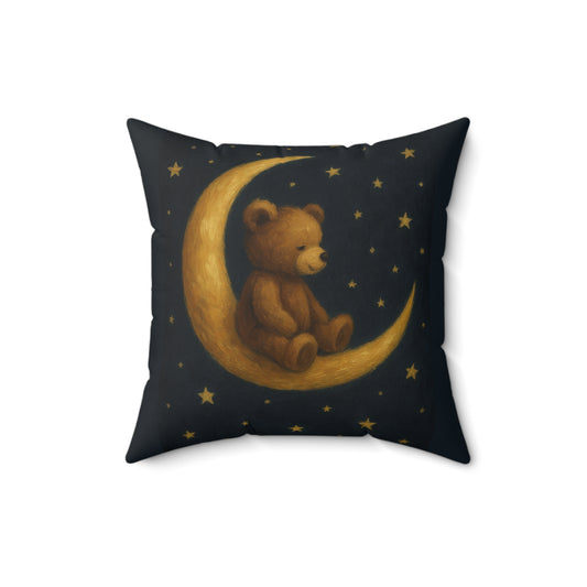 To the Moon-Teddy on Moon Faux Suede Pillow — Nursery Night Sky Decorative Throw Pillow