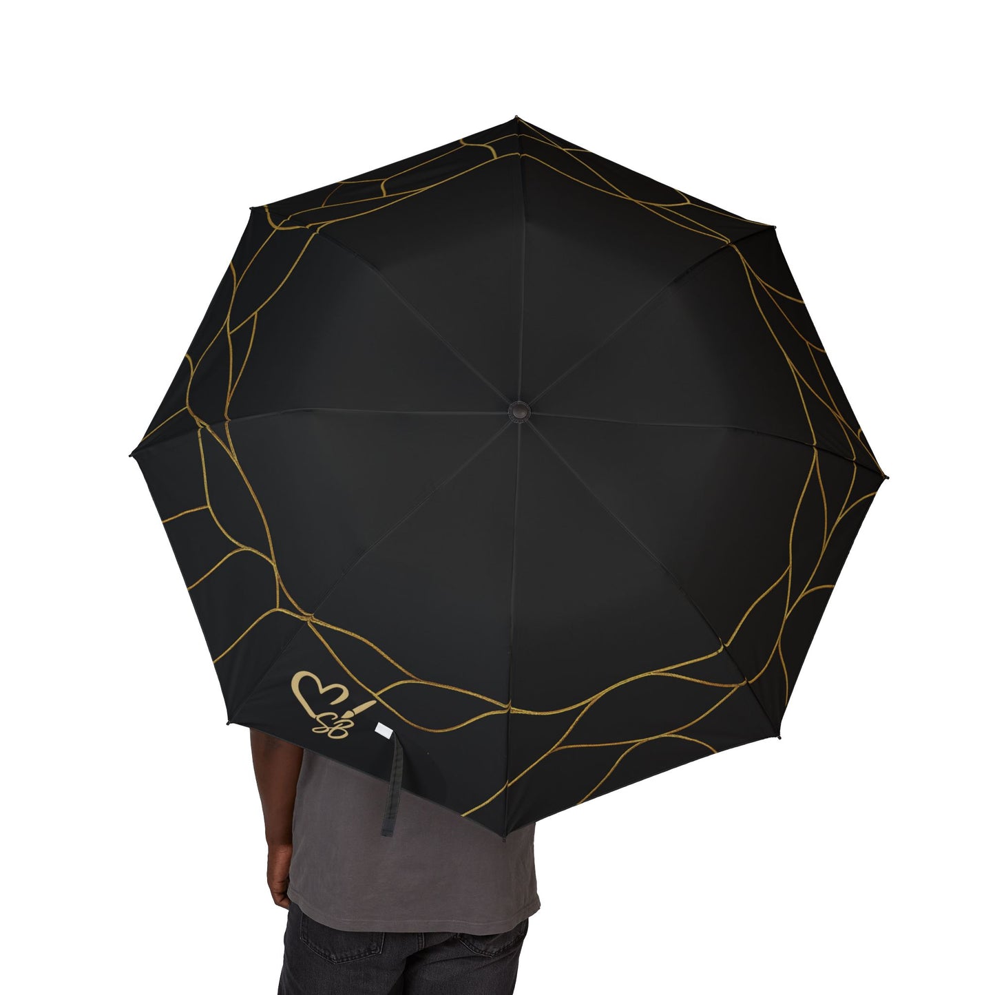 Lola 2- 2025 Artisan Collection-Foldable Black Umbrella with Gold Geometric Lines