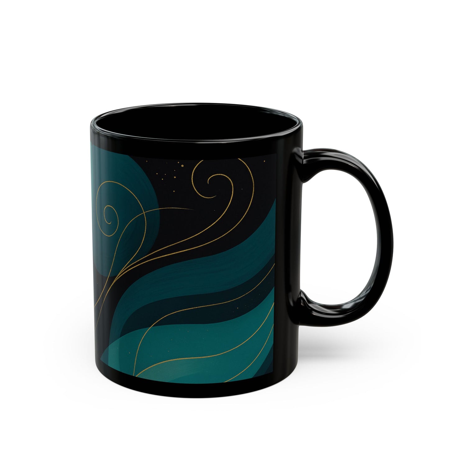 Emerald Wave3-Soulful Collection- Black Coffee Mug — 11oz/15oz Abstract Teal Swirl Ceramic