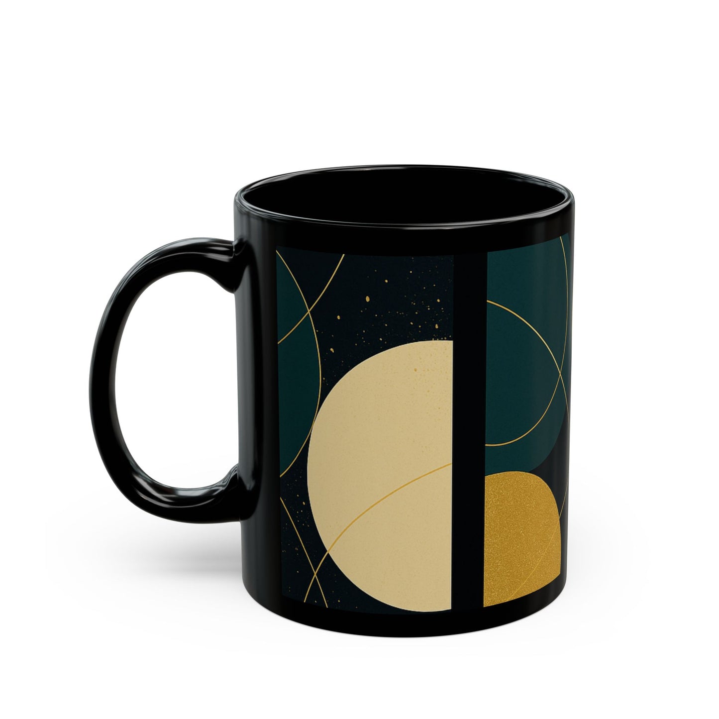Modern Geometric Black Coffee Mug-Soulful Collection — Abstract Teal & Gold Minimalist Design (11oz/15oz)