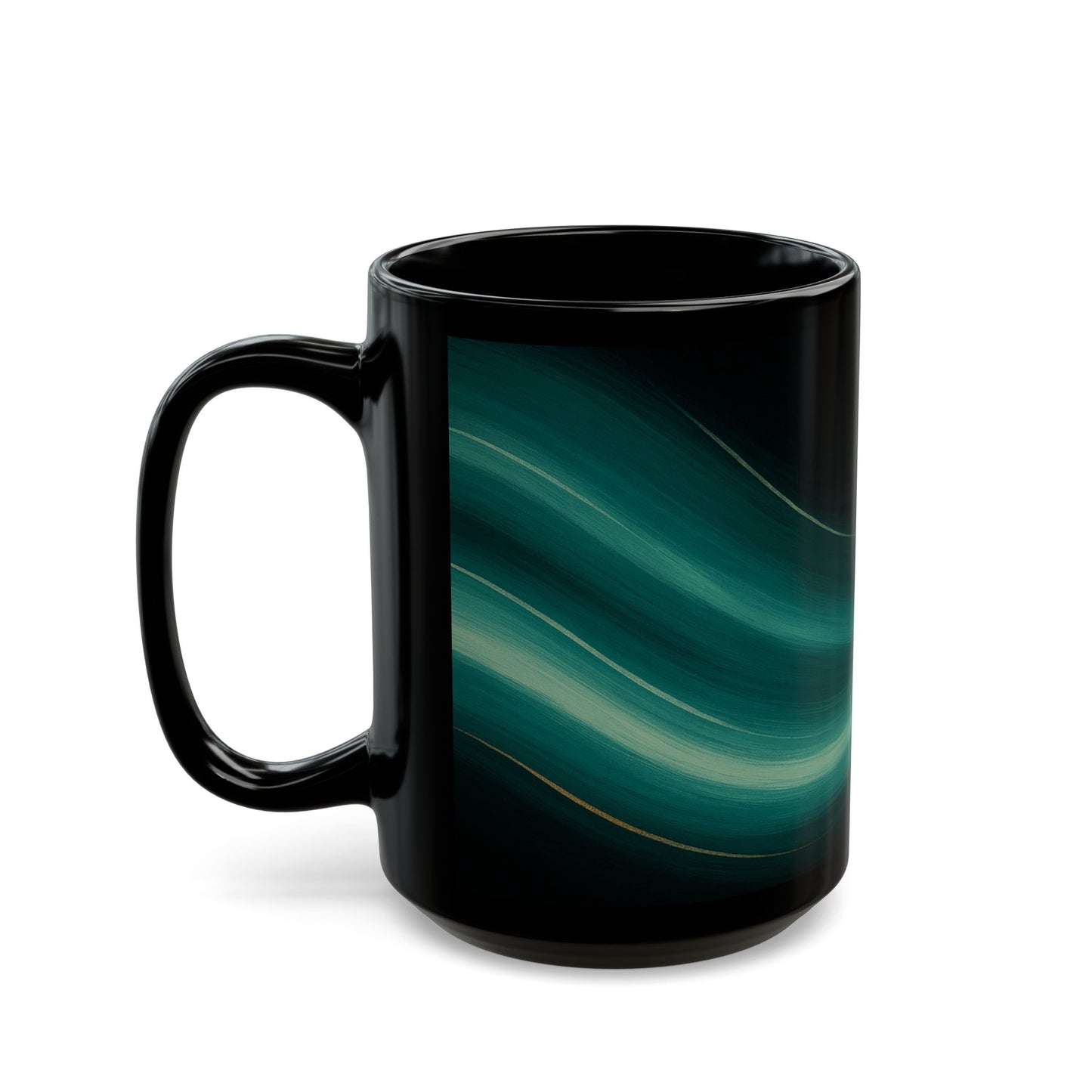 Emerald Wave 3-Soulful Collection-Black Coffee Mug — 11oz/15oz Abstract Teal Swirl Ceramic