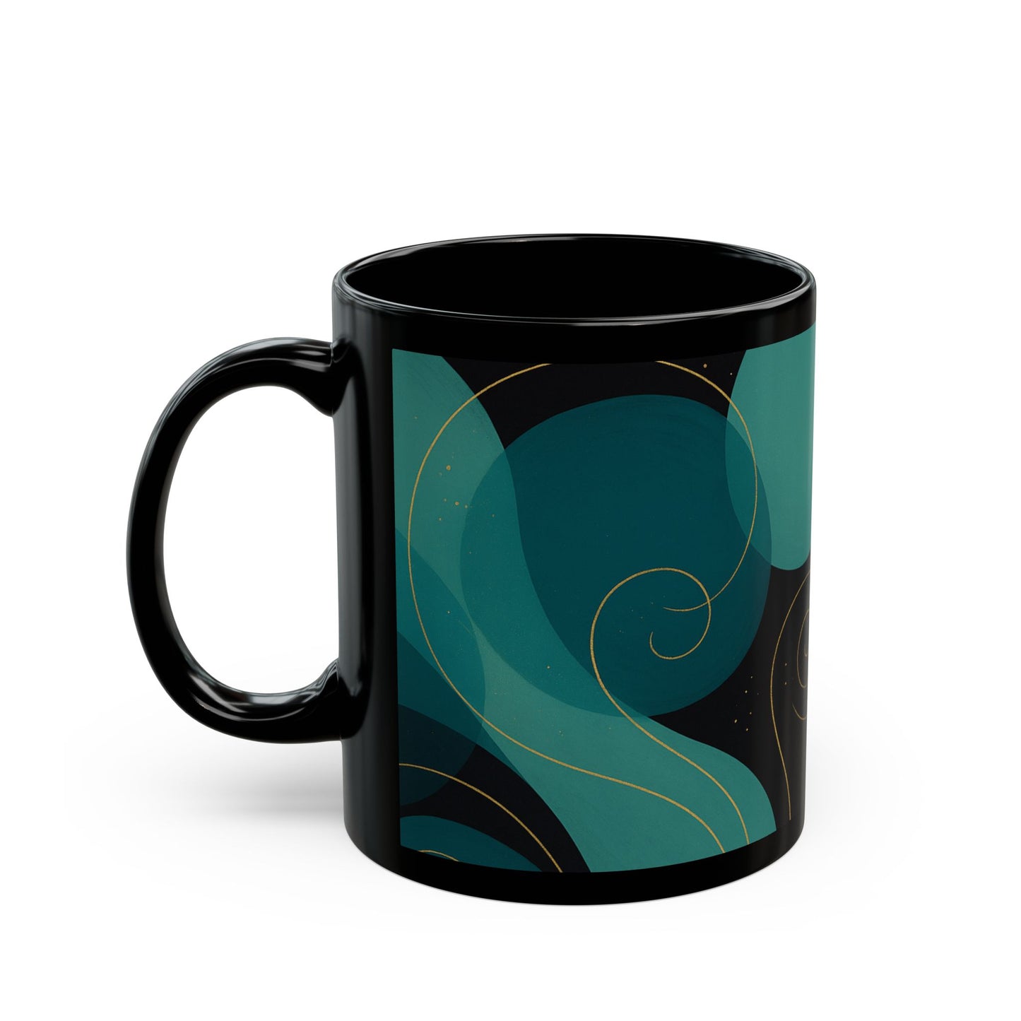 Emerald Wave3-Soulful Collection- Black Coffee Mug — 11oz/15oz Abstract Teal Swirl Ceramic