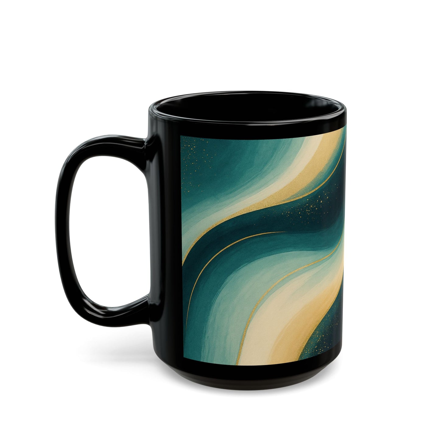 Teal & Gold Abstract Swirl Black Coffee Mug- Soulful Collection (11oz, 15oz)