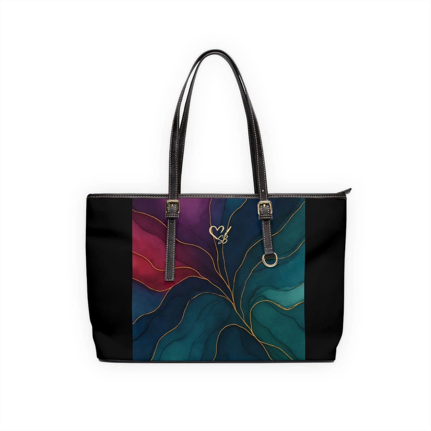 Tyler-2025 Artisan Luxe Collection-panel PU Shoulder Bag — Teal & Burgundy Tote with Gold Vein Accent