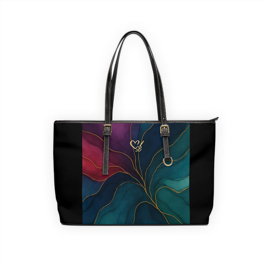 Tyler-2025 Artisan Luxe Collection-panel PU Shoulder Bag — Teal & Burgundy Tote with Gold Vein Accent