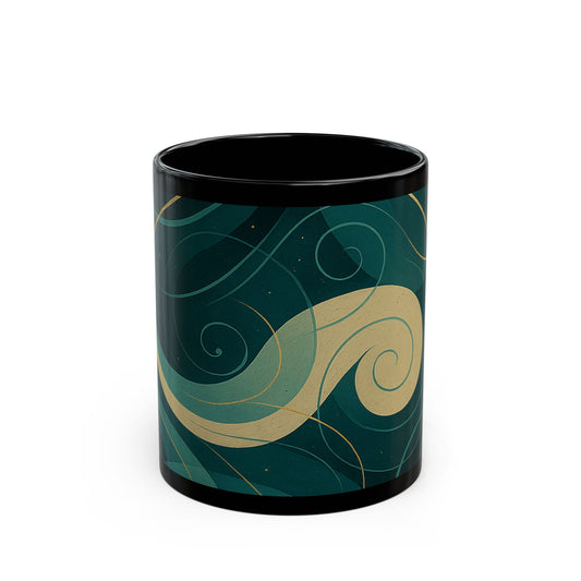 Emerald Wave-Soulful Collection- Black Coffee Mug — 11oz/15oz Abstract Teal Swirl Ceramic