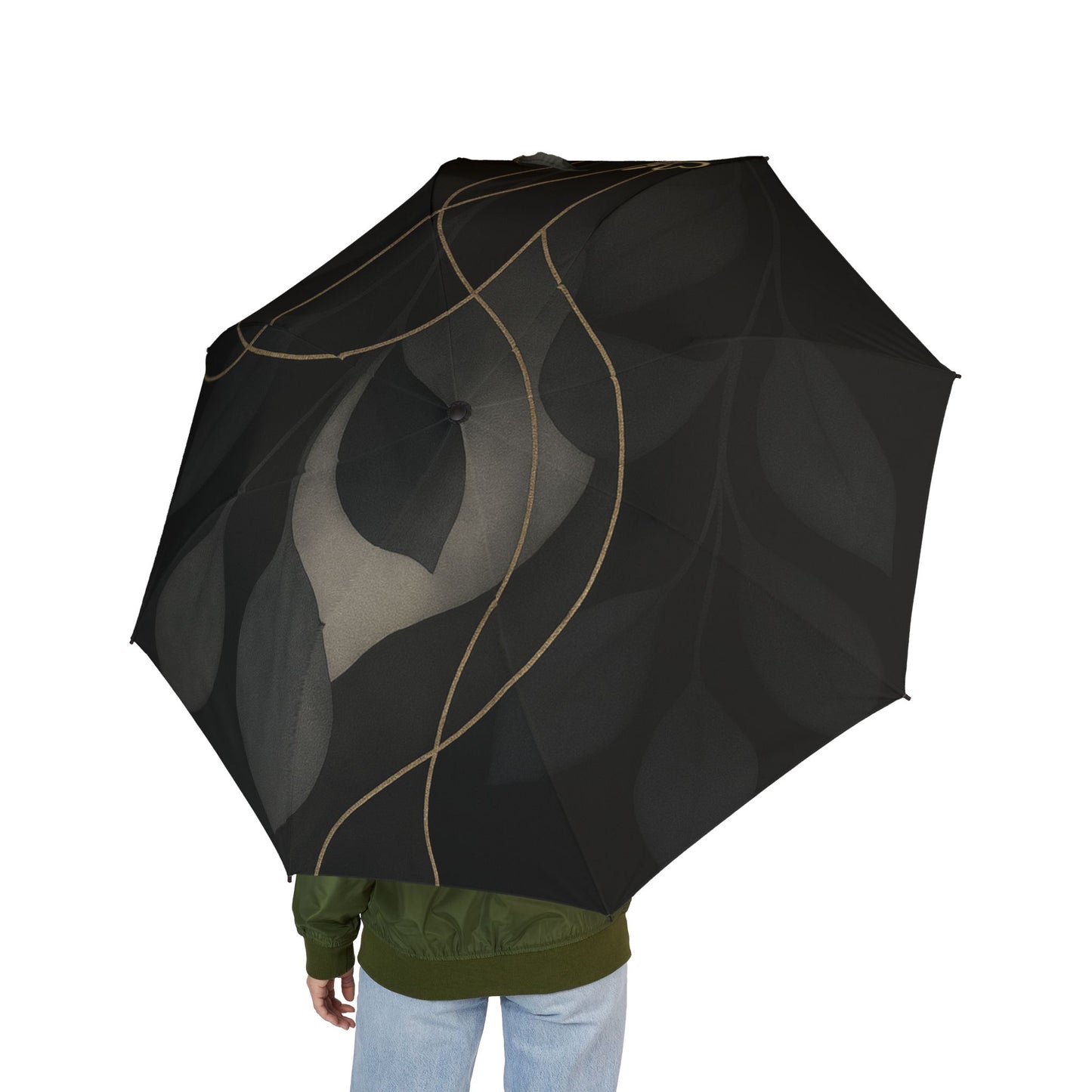 Shirley-2025 Artisian Collection-Foldable Umbrella — Elegant Black Abstract Leaf Design, Semi-Automatic Compact Travel Umbrella