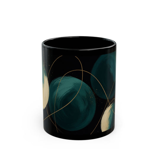 Abstract 2 -Soulful Collection-Teal Orbs Black Ceramic Mug — Modern Minimal Coffee Cup