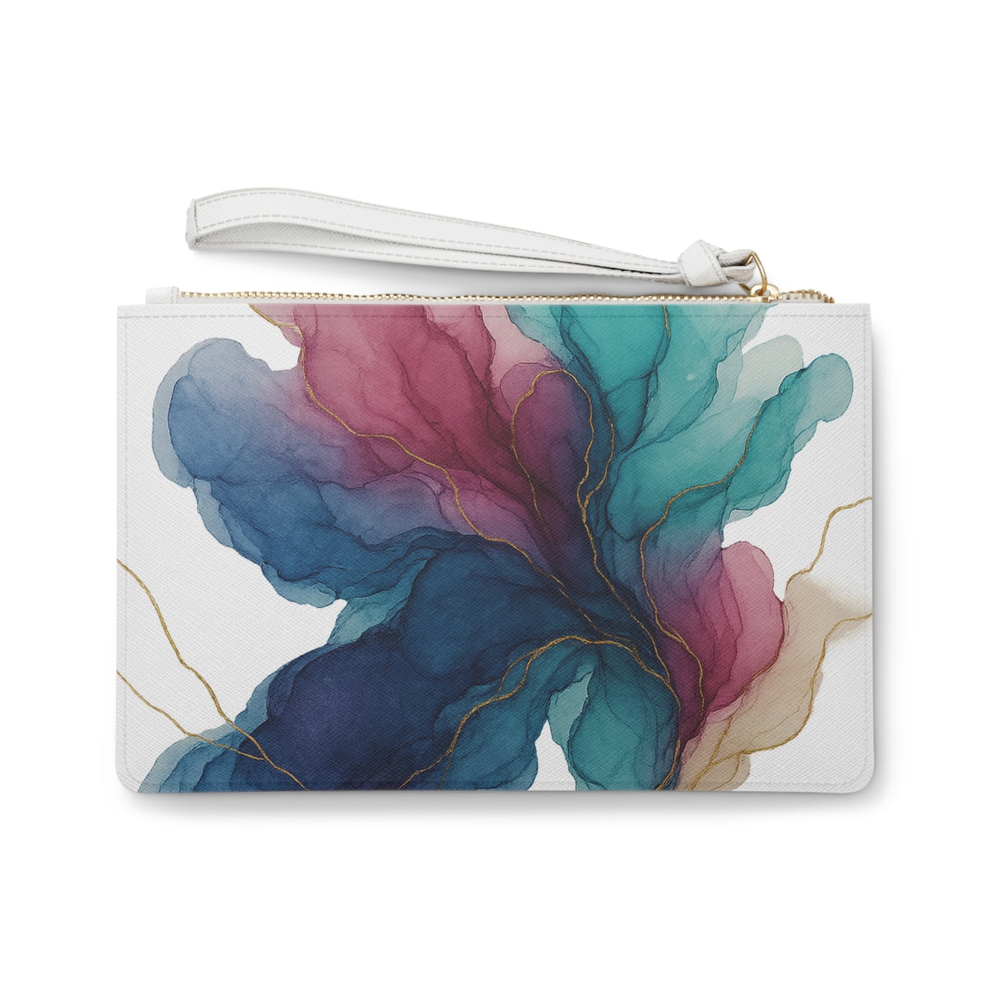 Floral Ink Clutch Bag — Abstract Teal & Magenta Watercolor Wristlet with Gold Veins