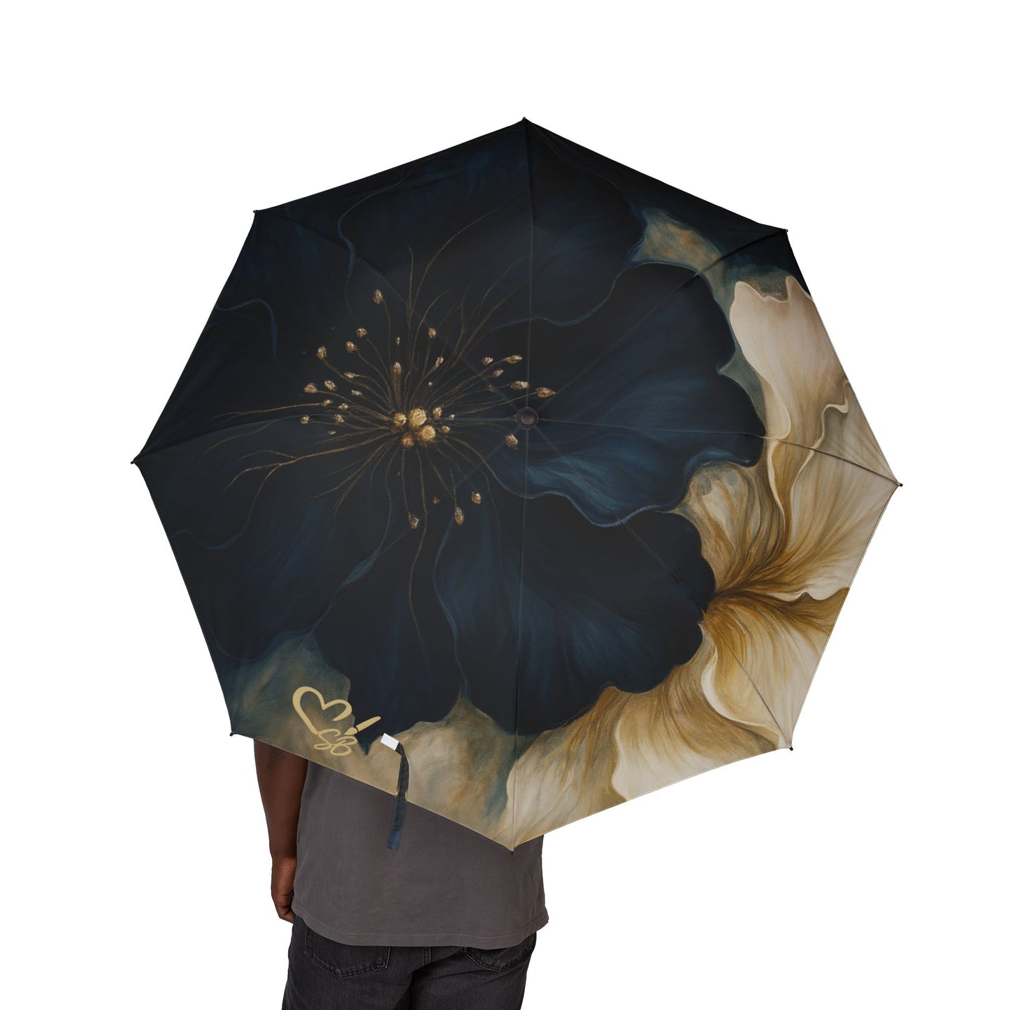 Stella- 2025 -Artisan Luxe Collection-Foldable Floral Umbrella — Semi‑Automatic Compact Rain Parasol with Large Cream & Blue Bloom Design