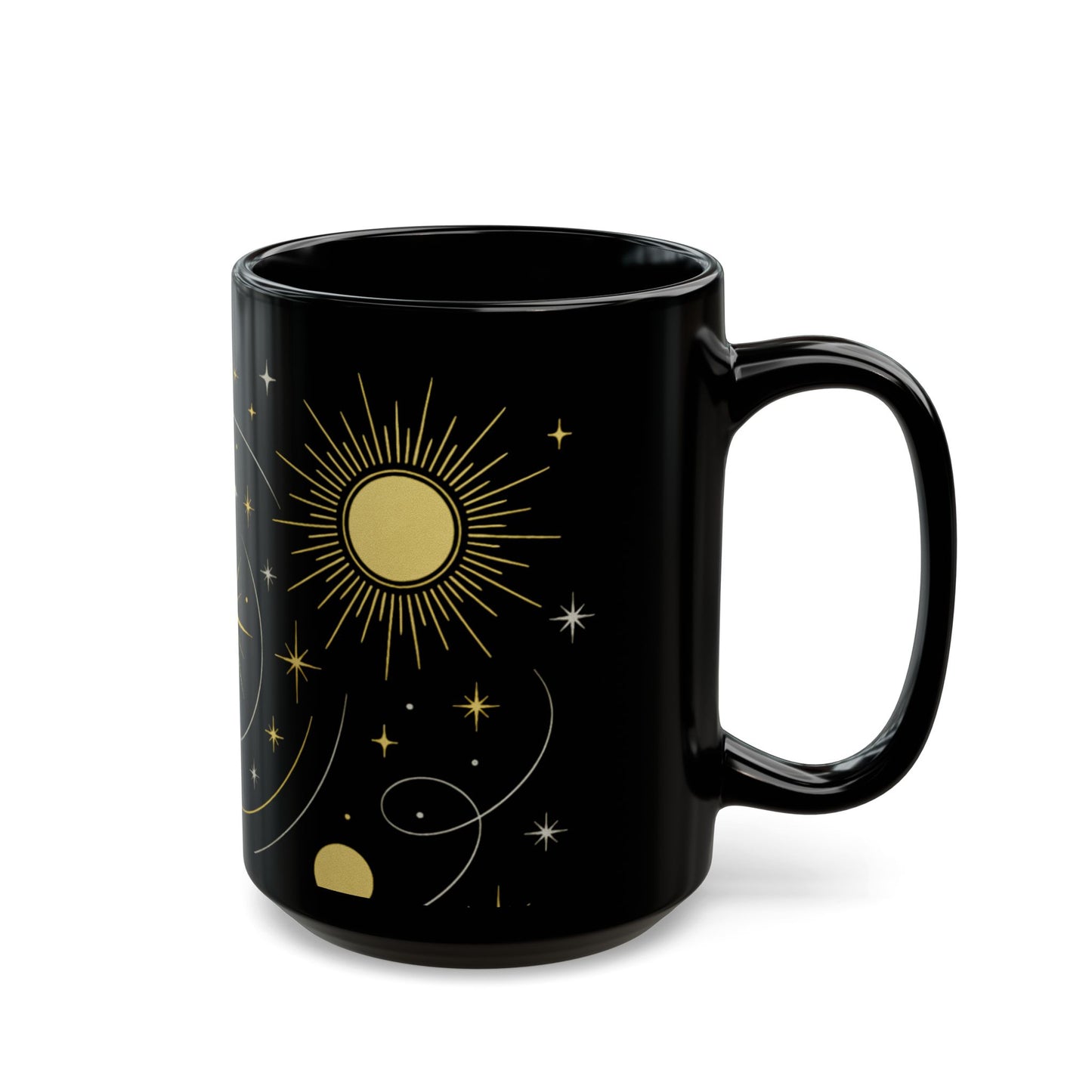 Astrology Sun & Stars Black Mug — Gold Celestial Coffee Cup (11oz/15oz)