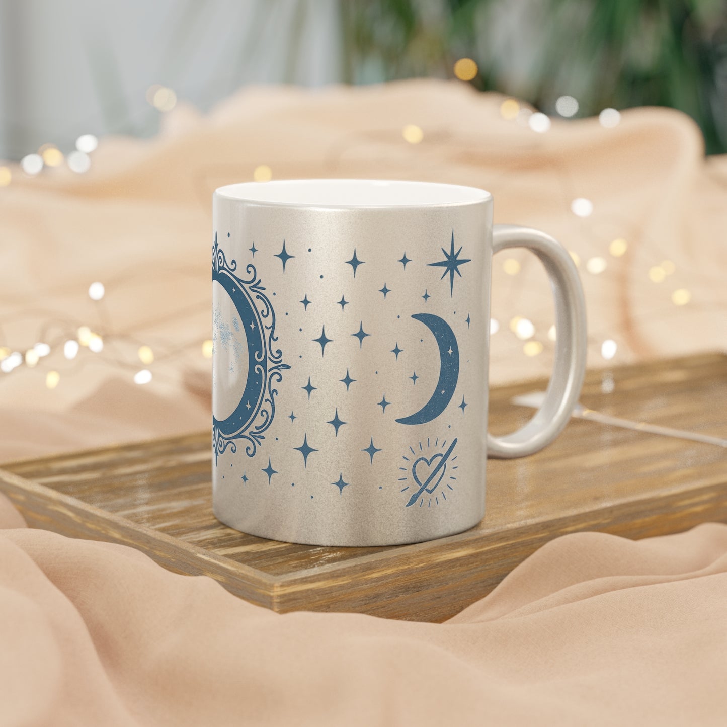 Moon Phase Metallic Mug — Silver/Gold Celestial Coffee Cup with Stars & Crescent