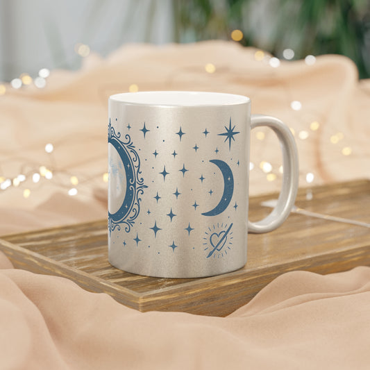 Moon Phase Metallic Mug — Silver/Gold Celestial Coffee Cup with Stars & Crescent