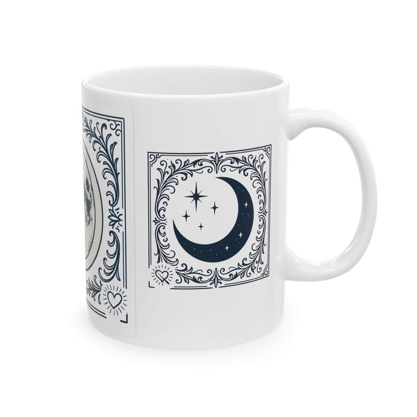 Moon Phase White Ceramic Mug — Vintage Lunar Art Coffee Cup (11oz, 15oz)