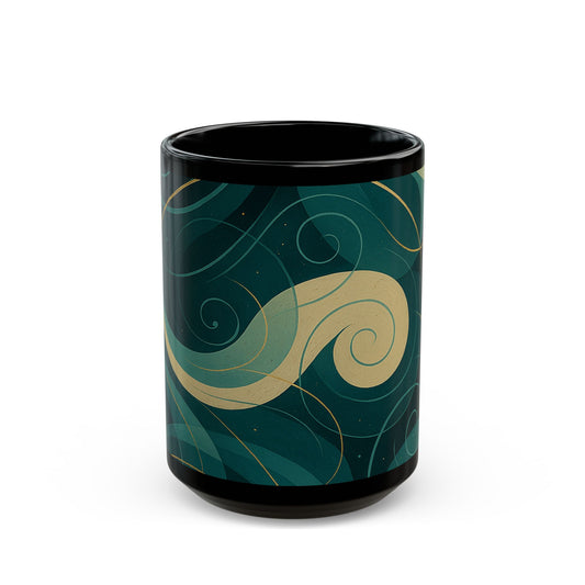 Emerald Wave-Soulful Collection- Black Coffee Mug — 11oz/15oz Abstract Teal Swirl Ceramic