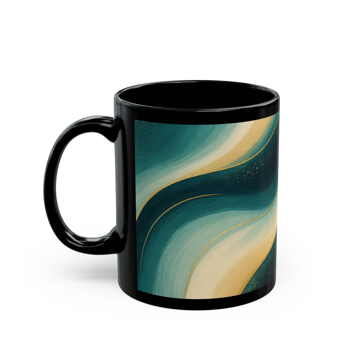 Teal & Gold Abstract Swirl Black Coffee Mug- Soulful Collection (11oz, 15oz)
