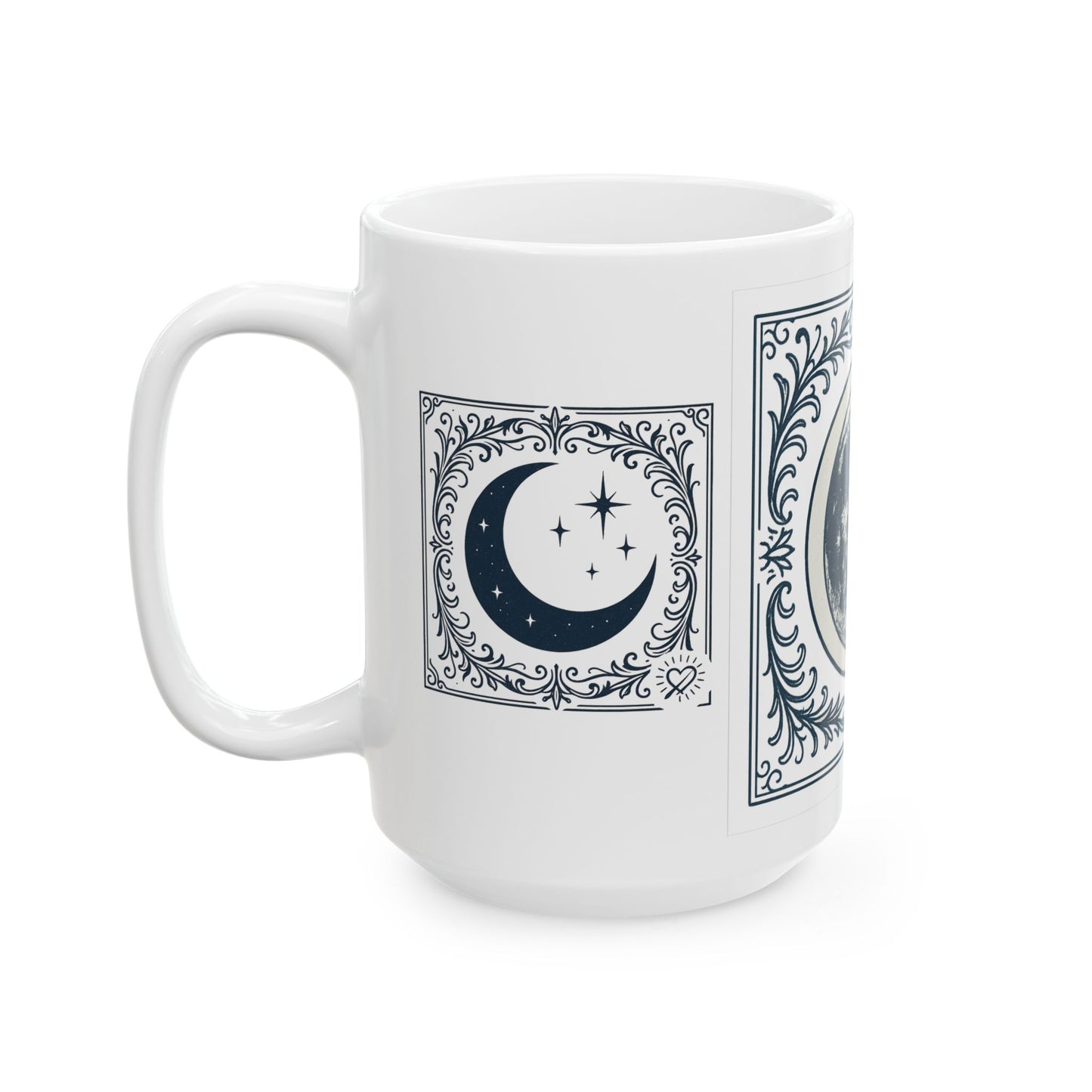 Moon Phase White Ceramic Mug — Vintage Lunar Art Coffee Cup (11oz, 15oz)