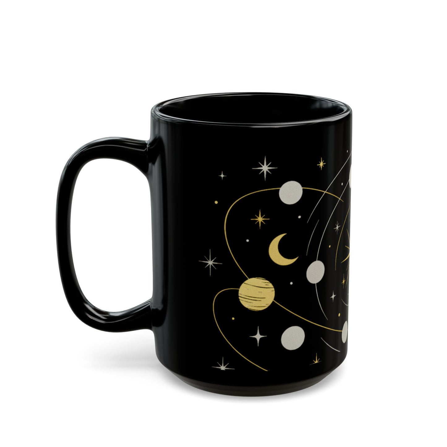 Astrology Sun & Stars Black Mug — Gold Celestial Coffee Cup (11oz/15oz)