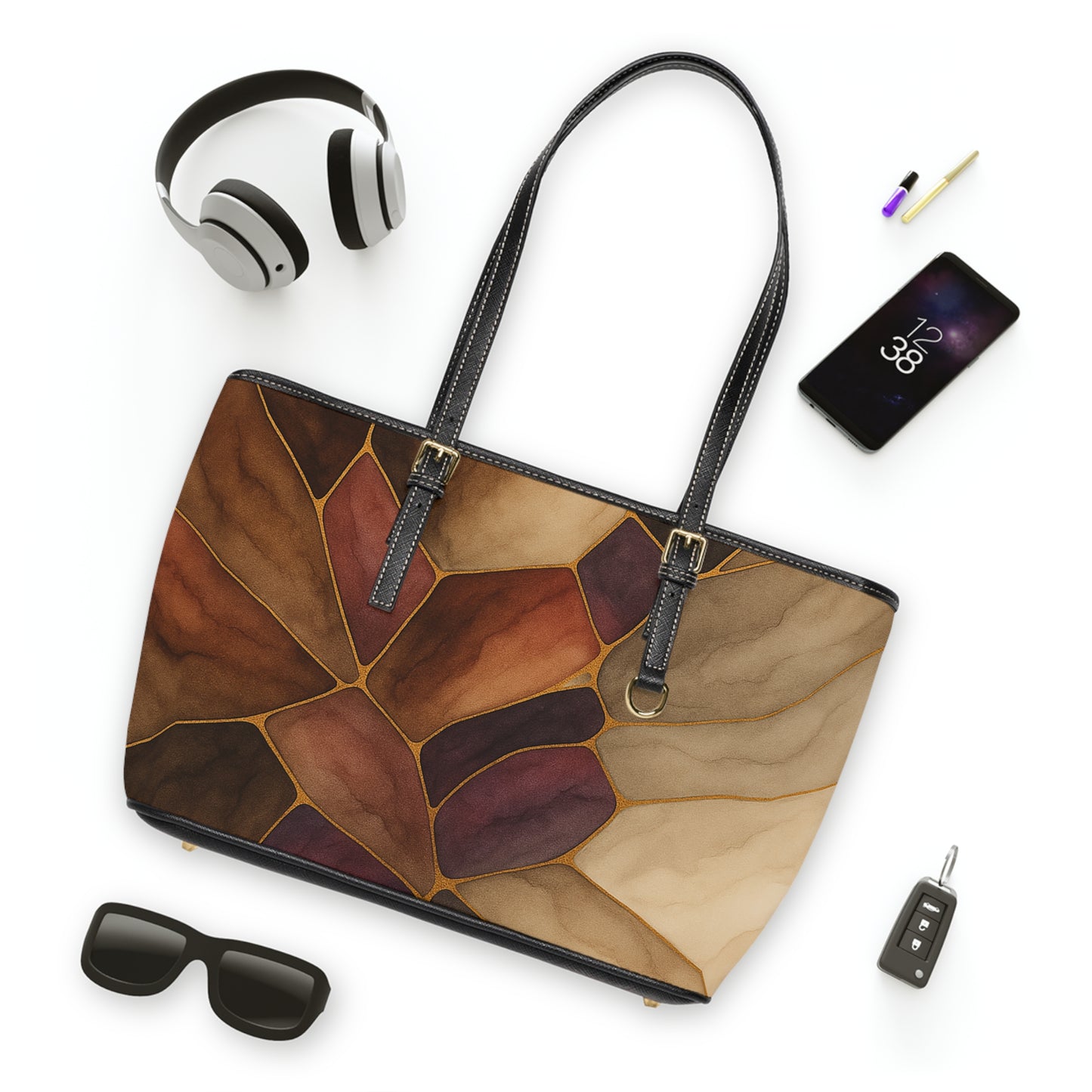 Autumn-2025 Artisan Luxe Collection- PU Leather Shoulder Bag — Warm Brown Stained-Glass Tote