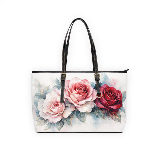 Rosie-Floral Abstract PU Shoulder Bag — Teal & Plum Gold-Trim Tote