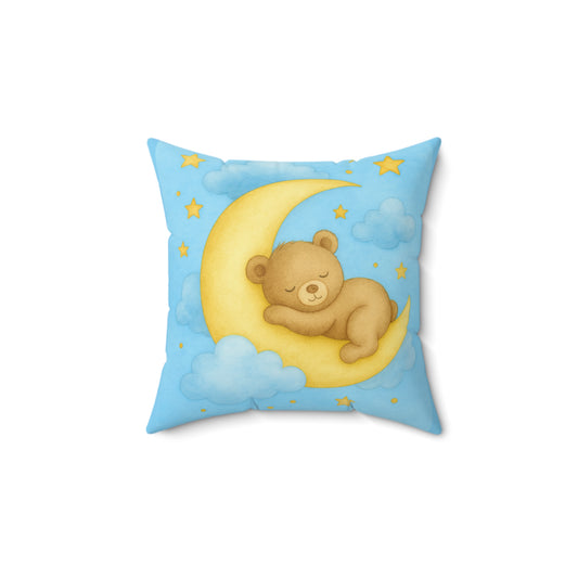 Teddy and Moon -Blue Pillow — Cute Nursery Faux Suede Square Pillow