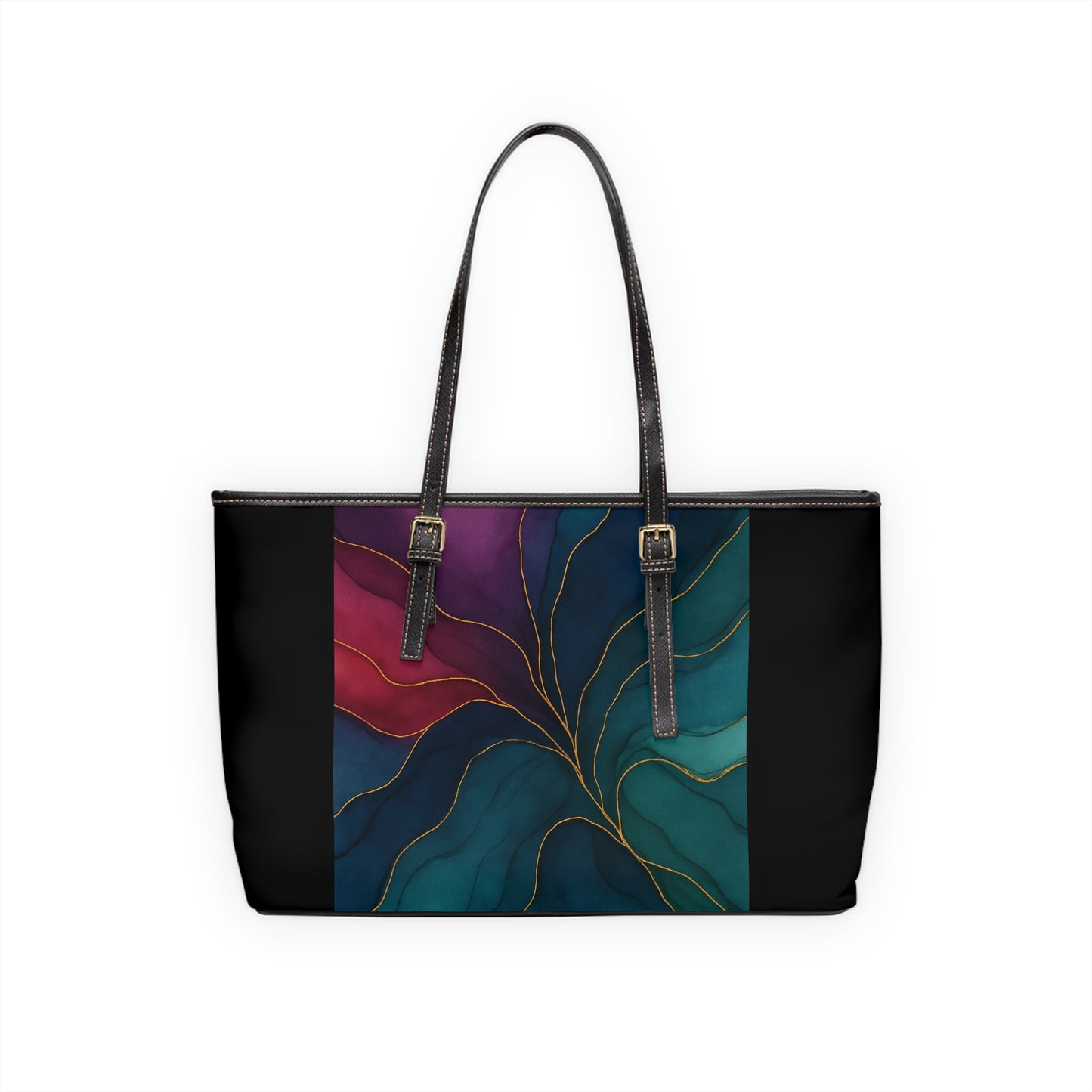 Tyler-2025 Artisan Luxe Collection-panel PU Shoulder Bag — Teal & Burgundy Tote with Gold Vein Accent